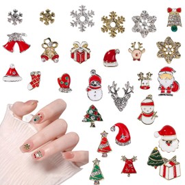 Christmas Nail Parts Set of 28 3D Nail Metal Parts Cute Santa Claus Snowman Snowflake Christmas Tree Reindeer Bell Nail Parts Stone Gold Silver Nail Art Jewelry Parts Decor Parts Charms (Mix A)