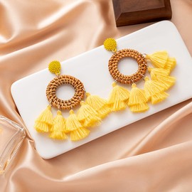 WFYOU Rattan Tassel Earrings for Women Bohemian Statement Handmade Woven Drop Dangle Earrings
