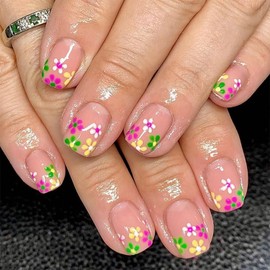 Spring Press On Nails Short Square Fake Nails Nude Pink Nails Press Ons With Colorful Flower Designs Full Cover Glue On Nails Short Stick On Nails Artificial Acrylic Flower Nails For Women