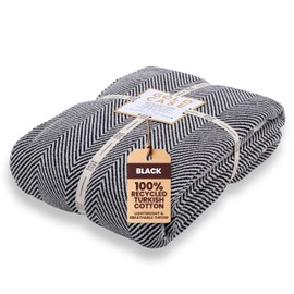 Gold Case Throw Blanket for Bed - 100% Recycled Turkish Cotton Blanket - Elegant Lightweight Soft Throw Blankets for Bed & Living Room - Queen Size Cozy Blankets - 90x90 - Black