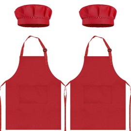 TOPWAYS Kids Apron and Chef Hat Set, kids Aprons for Cooking 2 Pack, Adjustable Toddle Kitchen Chef Apron, Kids Artist Painting Apron Bib with Two Pockets for Kids 3 4 5 6 years (2 x red, L)