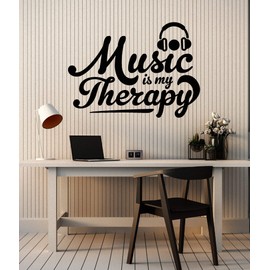 Vinyl Wall Decal Phrase Music Therapy Headphones Teen Room Stickers Mural Large Decor (g2436) Black