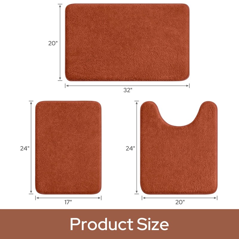 Bathroom Rugs Sets 3 Piece, Burnt Orange 17"x24"+20"x32"+20"x24"