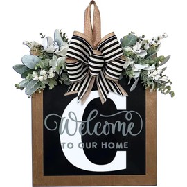 2024 New Last Name Year Round Front Door Wreath Front Porch Decoration 26 Letter Welcome Sign with Eucalyptus Garland and Bow Spring Wreaths for Front Door Outside Hanger Garland (C)