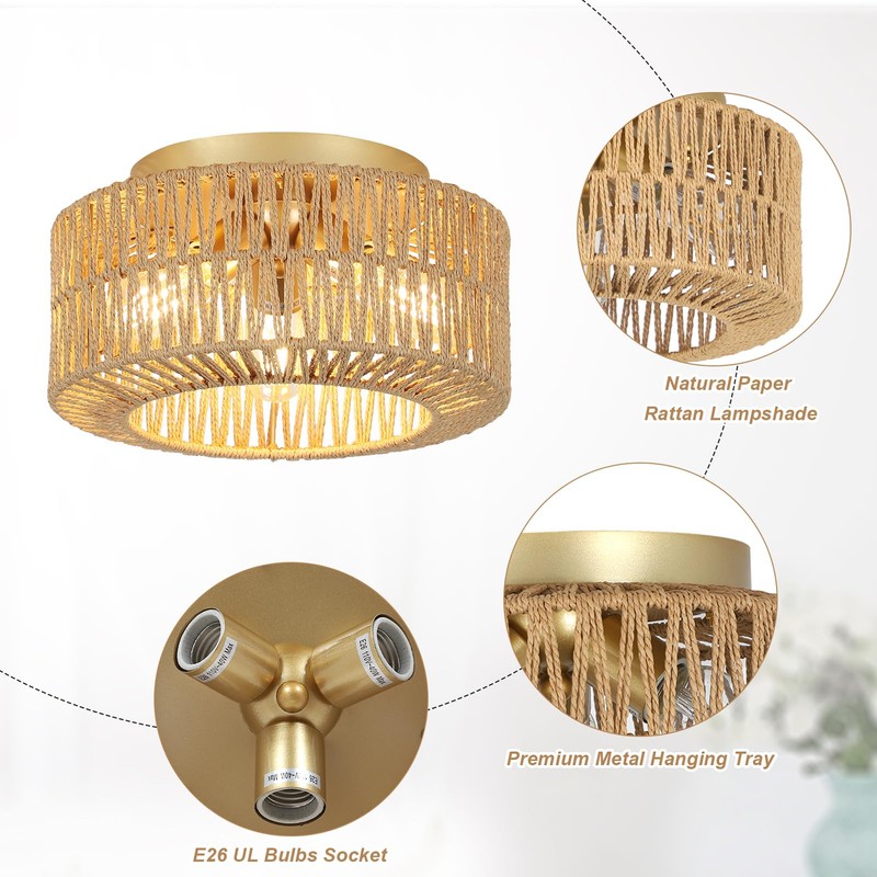 PAUFUL Boho Light Fixtures, 3-Light Farmhouse Rattan Ceiling Light, Flush