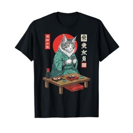 Maine Coon Sushi Cat in Kimono and Smartphone Japanese Art T-Shirt for Men Women Girls Kids