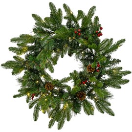 Sunnydaze 24" Green Pre-Lit Artificial Christmas Wreath with Pinecones and Holly Berries - 50 LED Lights with Battery Timer