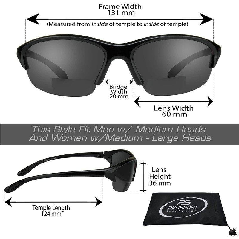 proSPORT Bifocal Sunglasses +2.50 Black Frame Smoke Lens Unisex Lightweight