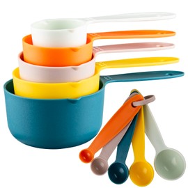 zoyizi Plastic Measuring Cups and Spoons Set 10 for Baking & Kitchen, Engraved Metric & US Markings for Liquid & Dry Measuring, BPA Free, Colorful Measuring Cups & Spoons Set