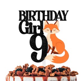 Decoración de cumpleaños con purpurina negra para niña, 9 tartas, decoración temática de zorro, baby shower, niñas, feliz cumpleaños, novena fiesta, suministros de decoración temática