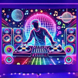 BlissYard Blacklight Tapestry DJing Black Light Hanging Backdrop DJ Music Glow in The Dark Poster Hippie Wall UV Tapestry for Bedroom Decoration Living Room Artwork Home Room Party Backdrop Decor