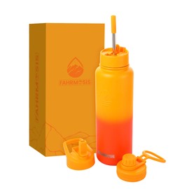 FAHRMOSIS 40 OZ Water Bottle with Straw | Insulated Water Bottle Water Jug Includes 3 Lids Water Bottles | Stainless Steel Water Bottle for Men & Women - Orange Fusion