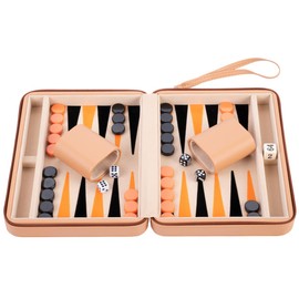 Engelhart- 250501 Travel Backgammon Set, Inlay Felt, 9-inch Deluxe Game Set with Beige Zipper Closure (beige, orange, black)