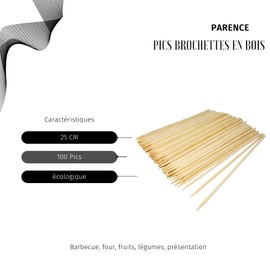 PARENCE.- Set di 100 tubi di legno/grill, spiedini, frutta, verdura, vanghe di legno - 100 pezzi, 25cm