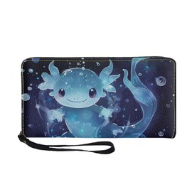 SCRAWLGOD Blue Axolotl Leather Wristlet Wallet Salamander Clutch Purses for Women Zipper Around Purse Womens Credit Card Holder Handbags with Wrist Strap for Outdoor Waterproof Wallets