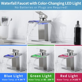Y-Garhe LED Bathroom Sink Faucet - Brushed Nickel Single Hole or 4 Inch Centerset Waterfall Faucet with Stainless Steel Spout and Temperature-Sensitive LED Lights, includes Deck Plate