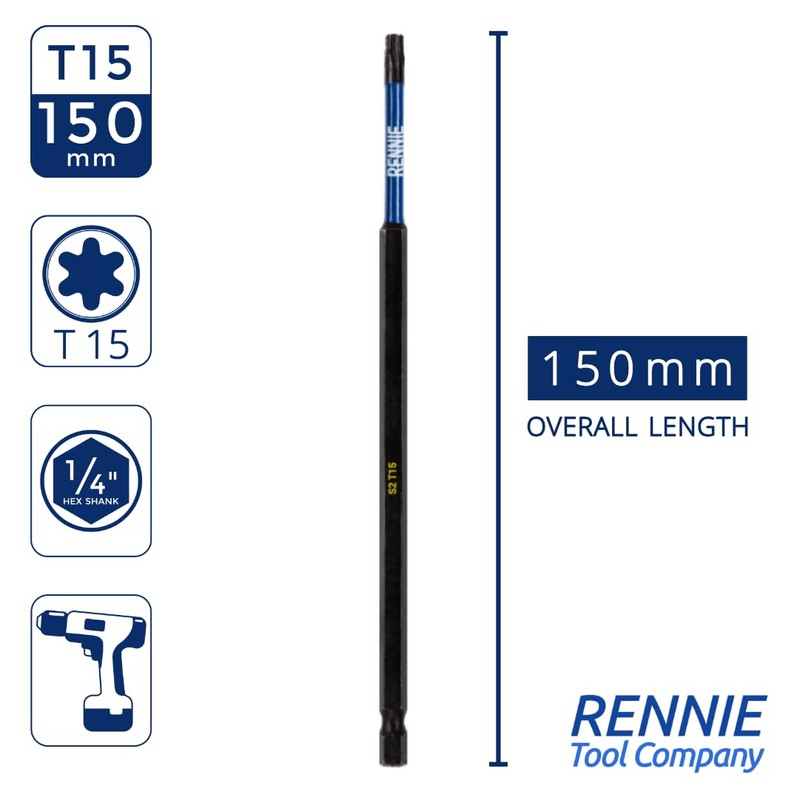 5 x Rennie Tools 150mm Long T15 TX15 Impact Screwdriver