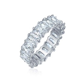 Art Deco Style AAA CZ Emerald Cut Cubic Zirconia Eternity Baguette Anniversary Wedding Band Ring For Women .925 Sterling Silver 4MM