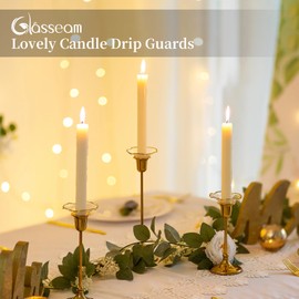 Glasseam Glass Candlestick Bobeches, Set of 12 Gold Rim Drip Protectors, Unique Wax Drip Catchers for Candle Sticks Holder Decor, Small Tapered Candle Rings for Table Decor