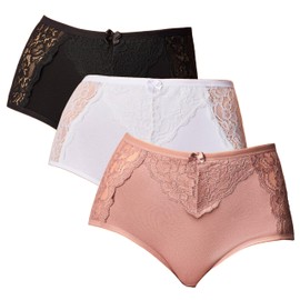BELLAVEZA Set of 3 Women's High-Waist Shaping Briefs - Cotton with Lace & Shaping Fit in 3 Colours, Black/White/Brown