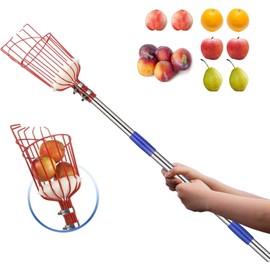 Fruit Picker Pole with Basket - 8 Foot Adjustable Height Fruit Picker Tool with Stainless Steel Fruit Picking Pole for Apple Cherry Berry Fit Orange Blueberry Mango Avocado Lemon Peach