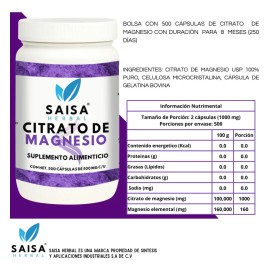 Citrato De Magnesio Y Citrato De Potasio 500 Cpsulas Cu  Suplemento Alimenticio  Saisa Herbal Sin sabor  Alta biodisponibilidad  Apoyo del sueo,...   