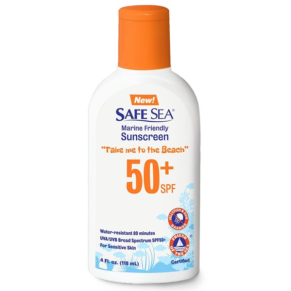 Safe Sea Jellyfish Sting-Blocking Sunscreen, SPF 50+ Lotion 4oz, Waterproof, Biodegradable, Coral Reef-Safe – Body and Face Sunscreen, Anti-Jellyfish and Sea-Lice sting protection.