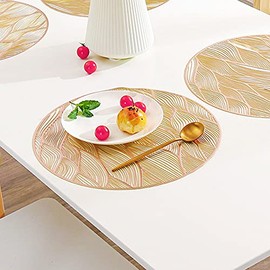 Hosoncovy 4 Pack Waves Decorative Placemats PVC Placemats Hollow Table Place Mats Heat Resistant Non-slip Dining Placemats Leaf Placemat Round Placemats for Home Kitchen (Gold)