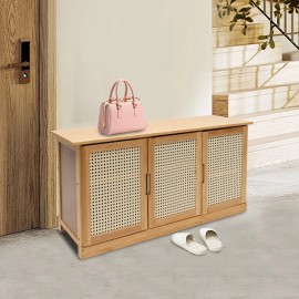 Modern Shoe Storage Cabinet Bamboo Shoe Rack Bench with Rattan Door for Entryway