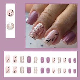 Pink Purple Press on Nails Medium Square RIICFDD Fall Fake Nails Glitter Designs Thanksgiving Nails Glossy Stick on Nails with Autumn Leaf Pattern Full Cover Acrylic False Nails for Women 24Pcs