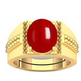 DINJEWEL 4.25 Carat Antique Certified Natural Red Coral Gemstone Solitaire Statement Gold Plated Adjustable Ring For Women