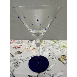 Unmarked Martini Glass Cobalt Blue Dottie Cocktail Margarita Polka-Dot Appliqué Stemware