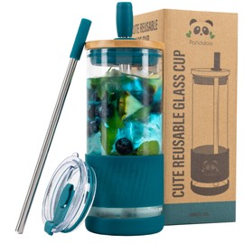 Pandaloo® Glass Cups With Lids and Straws -20 Fl Oz- Perfect Size Iced Coffee Cup - Smoothie Cup With Bamboo Lid and On the go Lid - Glass Tumbler With Straw (1 Count (Pack of 1), Intense Teal)
