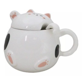 Ebros Gift Whimsical White Chubby Feline Kitty Cat Cup Mug With Lid And Stirring Spoon
