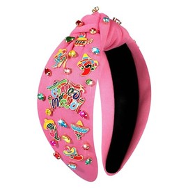 boderier Cinco De Mayo Headband Fiesta Sombrero Avocado Cactus Headband Crystal Jeweled Knotted Headband Mexican Holiday Headband Hair Accessories Decorations Gifts Pink