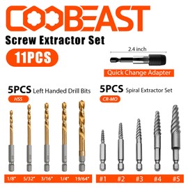 Coobeast 11Pcs Screw Extractor Set, Left Hand Drill Bit and Bolt Extractor Kit Easy to Remove Stripped Broken Damaged Screw Bolt and Nut Out, Reverse Drill Bit Extractor Set with Sturdy Case