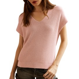 IFUROL Women's V Neck Sleeveless Sweat Vest Casual Solid Color Cap Sleeve Knit Pullover Tank Top Pink Large