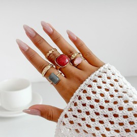 Navirix Chunky Gold Ring Set for Women Red Enamel Candy Statement Ring Vintage Unique Stacking Open Midi Finger Jewelry (Gold)