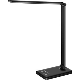 White crown LED Desk Lamp Dimmable Table Lamp Reading Lamp with USB Charging Port, 5 Lighting Modes, Sensitive Control, 30/60 Minutes Timer (Black, First-Generation)