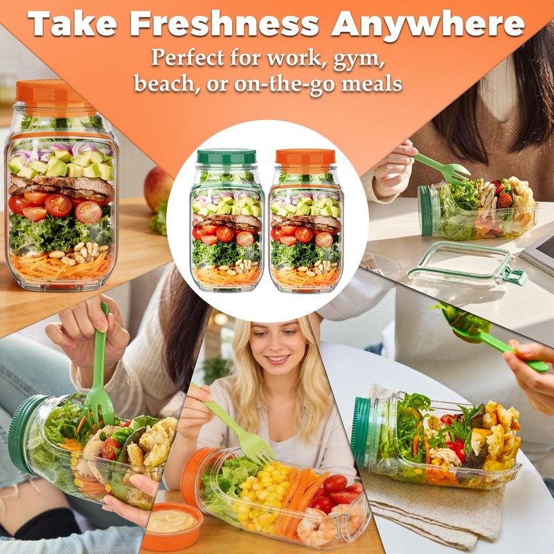 2 PCS Portable Salad Jar with Side Opening Leakproof, On
