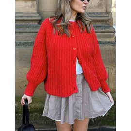 VDWIP Women's Cardigan Sweaters Button Down Open Front Chunky Cardigan Long Sleeve Cropped Y2k Knit Outerwear(Red-M)