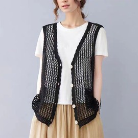 FindThy Women’s Hollow Out Crochet Vest Button Up V Neck Stitch Cardigan Boho Waistcoat Shrug(1783-01Black-OneSize-LB)