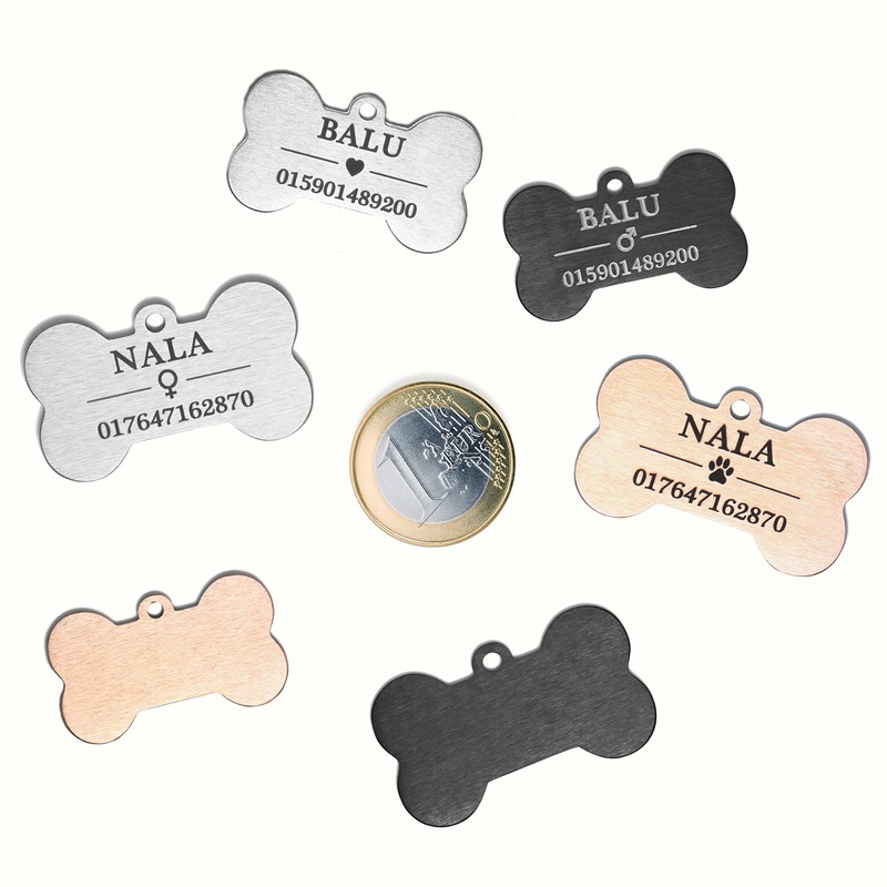 TMT Hundemarke Knochen mit Gravur Edelstahl Hunde Anhänger, wetterfest, Hundehalsband
