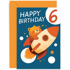 6th Birthday Card for Boy or Girl - Cute Bear Rocket Moon Stars Sixth Birthday Card for Child Kid - Son Daughter Niece Nephew Grandchild - Fun Birthday Cards for Children | Age 6 Years Old