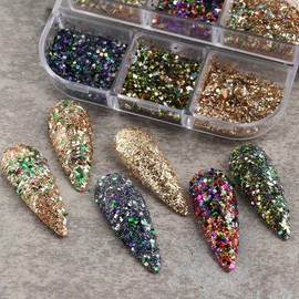 Holographic Nail Art Glitter Sequins Kits, 3D Sparkly Nail Art Foil Flakes Nail Art Supplies Shiny Acrylic Nails Powder Dust Rose Gold Confetti Nail Art Decoration Sparkles for Manicure Tips 6 Colors