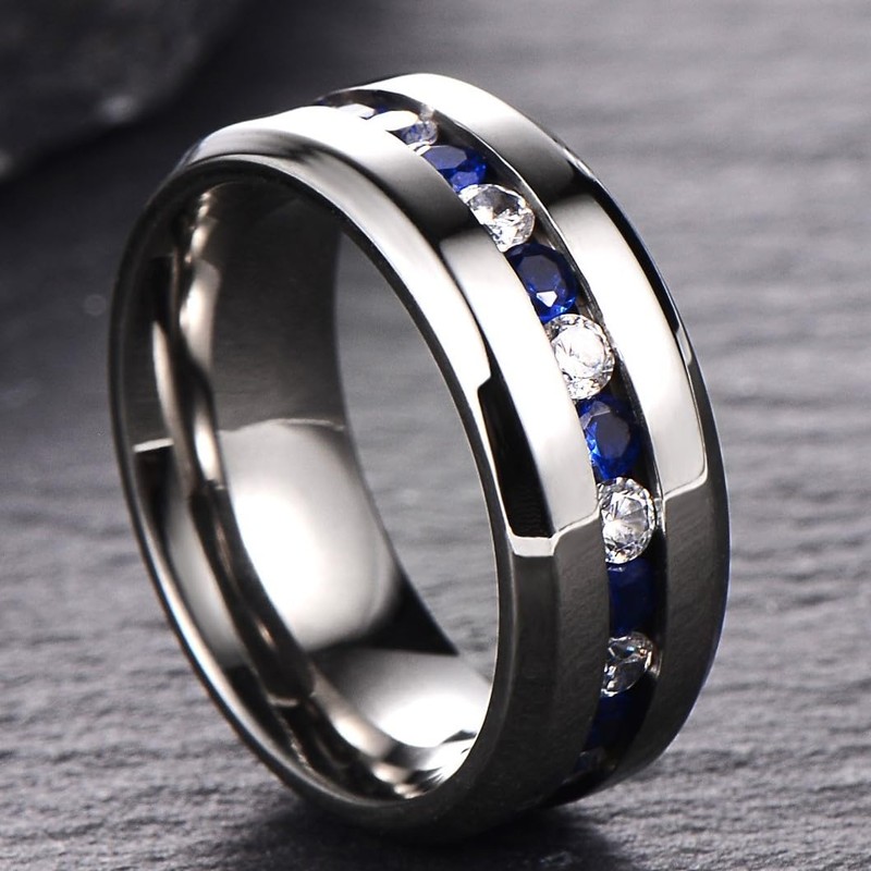 BESTTOHAVE Mens Titanium Ring With Blue Sapphire CZ Classic Wedding