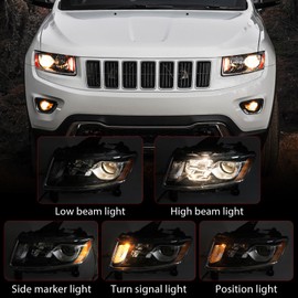Huray Headlight Assembly for Jeep Grand Cherokee 2014-2016 [Only for Halogen Type] [Chrome Frame] OE Headlamp Replacement Driver Side