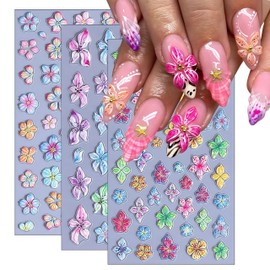 Flower Nail Art Stickers 5D Embossed Self Adhesive Lily Flower Stickers Summer Hibiscus Floral Decals Charms Vacation Design Pegatinas para Uñas for Women Girls DIY Manicure Decoration 3 Sheet