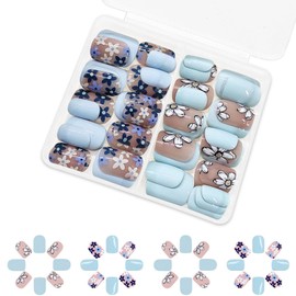 48Pcs Blue Flowers Press on Nails Square Short Fake Nails with Floral Designs Light Blue False Nails Glossy Spring Flower Stick on Nails Acrylic Artificial Nails Glue on Nails for Women Daily Wear