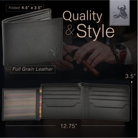 BULL GUARD Black Leather Wallet for Men with RFID Blocking - Bifold High Capacity with Side Flip 2 ID Windows and 10 Credit Cards Slots
